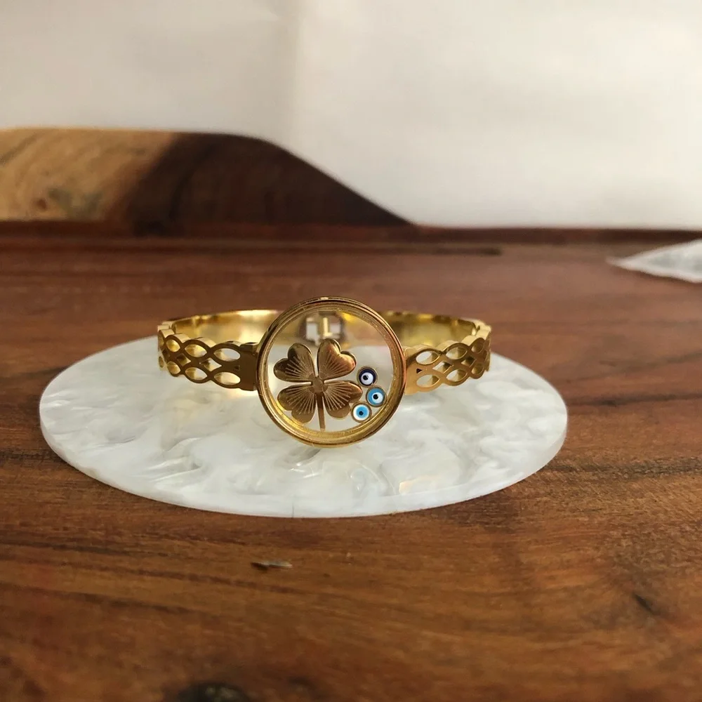 Women’s Gold Plated Lucky Clover Evil Eye Stainless Steel Bracelet Bangle Gifts